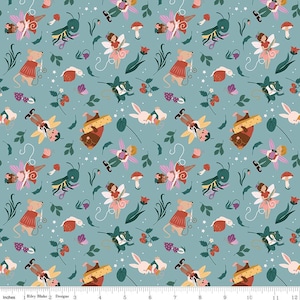May include: A whimsical fabric pattern on a teal background. The design features cartoon illustrations of fairies, mice, rabbits, mushrooms, and insects. The fabric has a repeating pattern with a ruler at the bottom.
