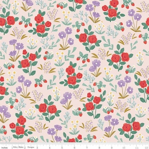 May include: A pink fabric with a repeating pattern of red roses, green leaves, purple flowers, and small red strawberries.