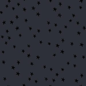 May include: Dark navy background with a scattered pattern of black, hand-drawn stars. The stars vary in size and orientation, creating a whimsical, celestial design. This pattern is suitable for fabric, wallpaper, or digital art.