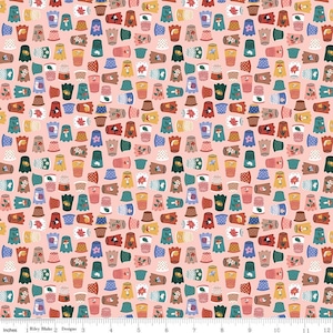 May include: A repeating pattern of colorful thimbles on a pink background. The thimbles are decorated with floral and geometric designs in shades of red, blue, green, and yellow. The fabric is measured in inches.