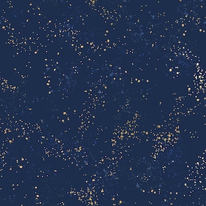 May include: A seamless pattern with a dark blue background and a scattered pattern of small gold and blue dots.