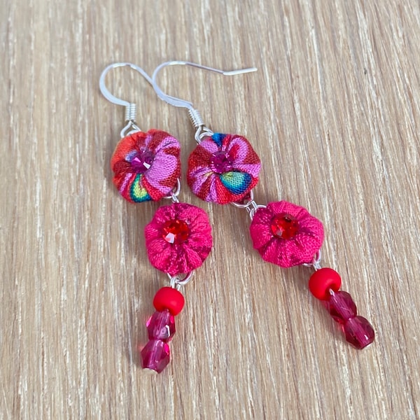 Cranberry Velvet.  Sparkly Delicate Rich Red Earrings Made with Crystals, Fabric and Glass, Flashing Fiery Pinks As You Move