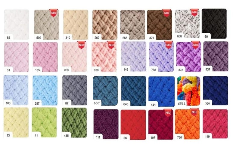 Puede incluir: Una carta de colores de 24 colores de hilo diferentes. El hilo tiene una textura gruesa y peluda. Los colores est&aacute;n dispuestos en cuatro filas de seis colores cada una. Los colores incluyen blanco, beige, rosa, azul claro, amarillo, verde, morado, rojo, naranja y marr&oacute;n.