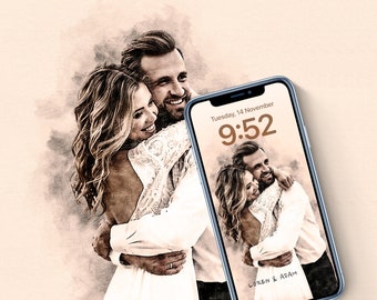 Personalized Sketch Couple Portrait iphone & Desktop wallpaper, Anniversary Gift, Personalized, Wife, Husband, Boyfriend, Engagement Gift.