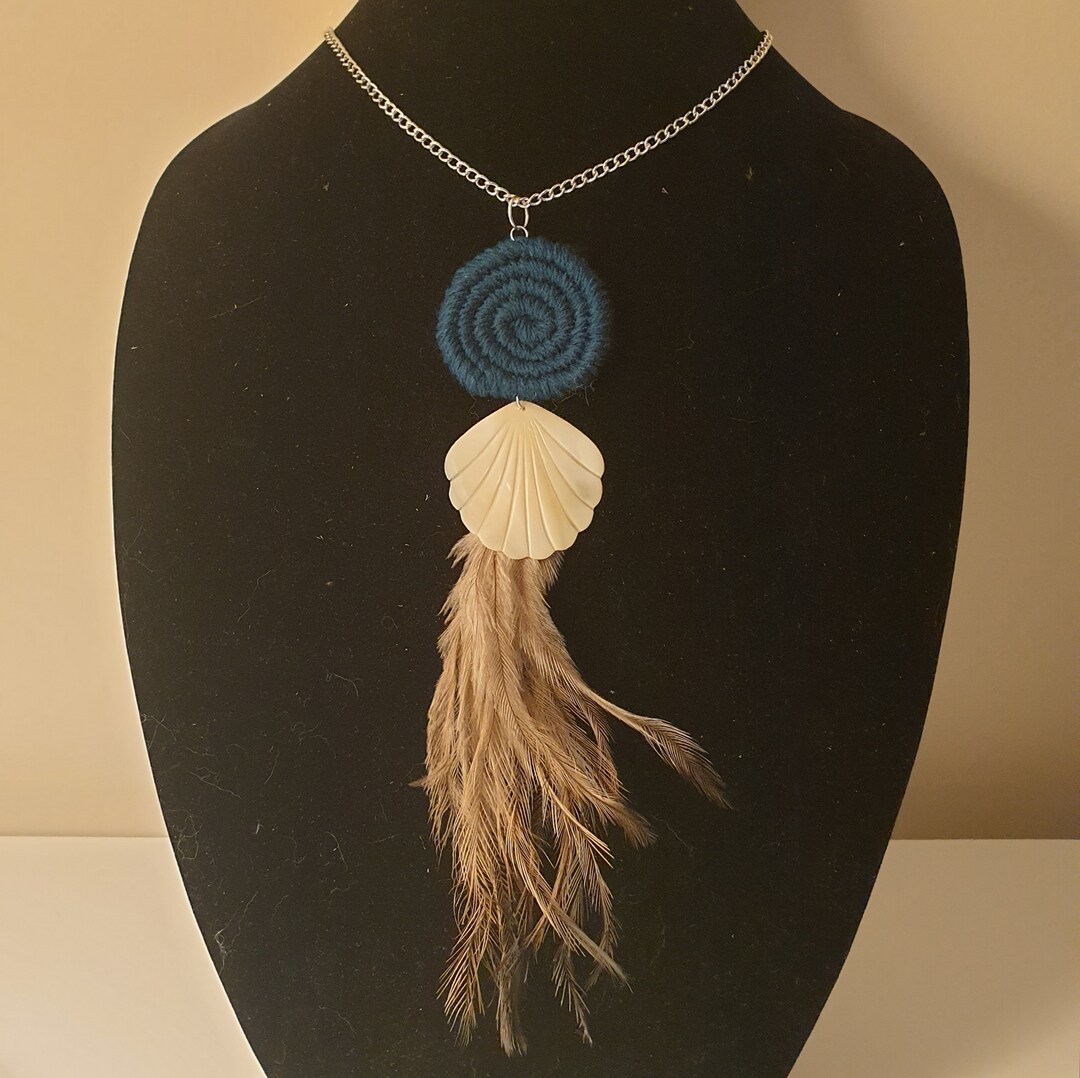 Handwoven Coiled Necklace With Mother of Pearl Shell and Emu Feathers ...