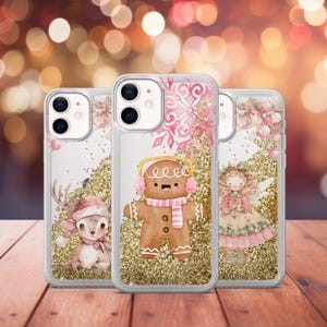 Pink Christmas Liquid Phone Case Ornament Glitter Cover Gingerbread Case for iPhone 15 15 Pro 15 Pro Max 15 Plus iPhone 14 13 12 11 SE