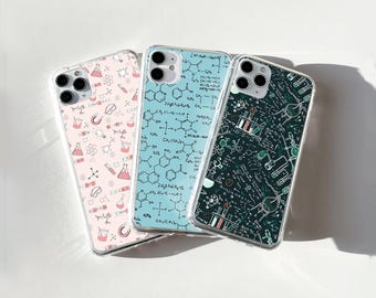 May include: Three different phone cases with a science theme. The cases are all clear and have a white background with black and blue science-related illustrations and text. The cases are all different sizes and shapes.