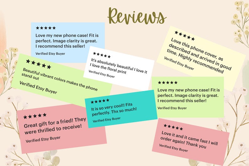 May include: A collection of positive customer reviews for a phone case with floral print. The reviews highlight the quality, design, and fast shipping. The text includes phrases like "Love it", "Beautiful", "Perfect", "Highly recommended", and "Great gift".