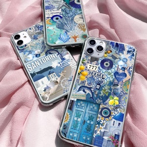 Custodia estiva per telefono Santorini, Grecia, custodia mediterranea per iPhone 16Pro 15Pro 14 13 12 11 Pixel 9 8 7A 6A Samsung S24fe S23fe S22 A54