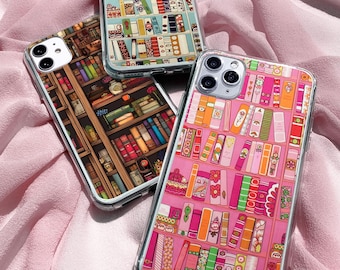 Funda para teléfono Bookworm: Diseño de estantería de biblioteca, cubierta de gel TPU transparente para iPhone, Samsung y Pixel