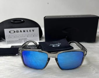 Oakley Holbrook Grey Smoke Clear Frame Blue Mirror Polarized Lens Sunglasses UV