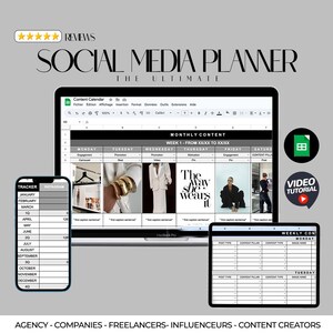Peut inclure: Un écran d'ordinateur affichant un modèle de planificateur de médias sociaux avec un calendrier de contenu mensuel et un calendrier de contenu hebdomadaire. Le calendrier mensuel comporte des colonnes pour le lundi au samedi et des lignes pour l'engagement, la promotion, la vidéo, la motivation, l'engagement et le pilier de contenu. Le calendrier hebdomadaire comporte des colonnes pour le type de publication, le pilier de contenu, le type de contenu et le nom de l'image. L'écran est ouvert sur un Macbook Pro.