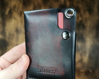 Minimalist Leather Wallet, Handcrafted Black and Red Cardholder, Slim Leather Wallet, Gift for Father, Mens Wallet, Handpainted Mini Wallet