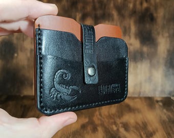 Minimalist Leather Wallet - Black and Brown Cardholder with Lion and Scorpion Design - Leo Scorpio Signs Gift -  Unique Design Gift for Him