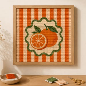 Korsstygnsmönster med orange citrus, vintage köksinredning (PDF-nedladdning)