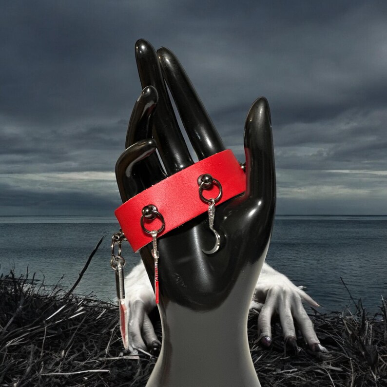 May include: A red leather choker with two silver hooks and two silver rings. The choker is on a black mannequin hand.