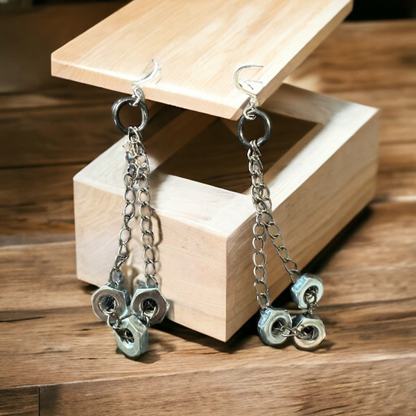 Keep Your Nuts on a Chain -  Unique Hex Nut Earrings - Industrial Chic Jewelry, Edgy Fashion, Unusual Gift Idea