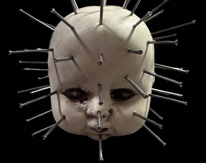 BabyHeadsByC Handcrafted Horror Pinhead Doll | Hellraiser Horror Decor | Handmade Creepy Figurine | Gothic Collectible | Horror Halloween