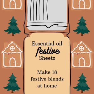 以下が含まれることがあります： 「Essential oil festive Sheets Make 18 festive blends at home」と書かれたラベルが付いた茶色と白のボトル。ボトルはジンジャーブレッドハウスと松の木のイラストで囲まれています。