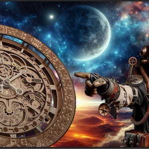 Puede incluir: Una obra de arte de temática steampunk que presenta un reloj de madera detallado con engranajes visibles y un astronauta que lo señala. El fondo muestra una vibrante escena espacial con una gran luna y colorosas nebulosas.
