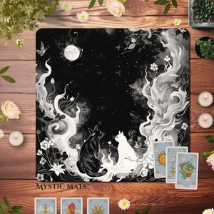Linge de lecture de tarot antidérapant noir et blanc, tapis de cartes chaton, sorcière wicca mate Oracle Lenormand, amoureux des chats, accessoires de sorcière modernes