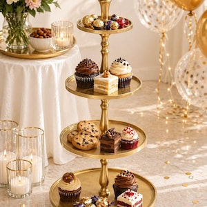 Può includere: Un vassoio dorato a tre livelli pieno di vari dessert, tra cui cupcake, biscotti e piccole torte. Il vassoio è adornato con cioccolatini e si trova su una superficie chiara, con fiori e candele sullo sfondo.