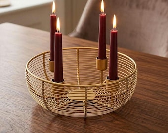 Gold Wire Pillar Candle Holder, Sculptural Metal Stand, Modern Minimalist Table Decor (20x5 cm)