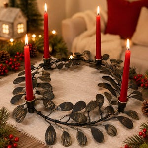 Handgefertigter Adventskranz aus Metall mit Kerzenhaltern | Rustikales Weihnachts-Tischgesteck aus Bronze | 4 Kerzenhalter | Festliche Tischdekoration