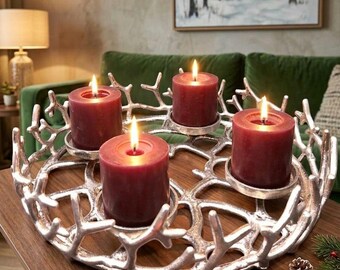 Portavelas de rama plateada, centro de mesa escultural de metal con forma de árbol, decoración moderna inspirada en la naturaleza.