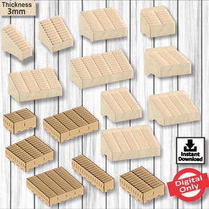May include: A selection of unfinished wooden display stands, with a thickness of 3mm. The stands are in various shapes and sizes, some angled and some flat. The image includes the text "Instant Download" and "Digital Only".