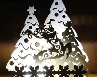 Laser Cut Christmas Tree Ornament with Deer Scene Christmas Reindeer Scene Decor Digital File For Laser DXF ai svg vector pattern templates