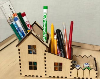 Laser Cut Pen holder Desk Organizer Vector Files For Wood Laser Cutting Glowforge Stand for pencils and pens Vector Templates pen stand