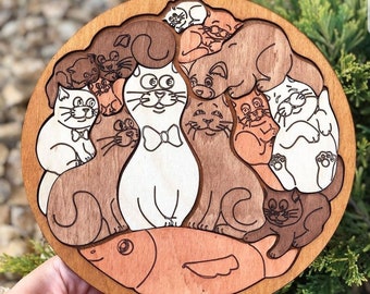 Láser cortado rompecabezas infantil con diseño de gatos para contrachapado de 3 mm, archivo cdr svg DXF, archivo de plan CNC