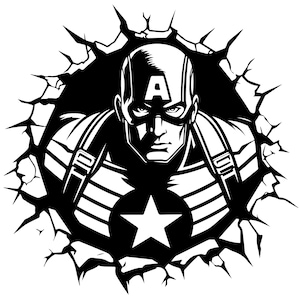 May include: Black and white illustration of Captain America breaking through a wall. The superhero is wearing his iconic helmet with a large "A" and a star on his chest. The image has a comic book style.