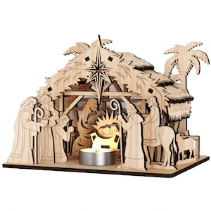 May include: Wooden nativity scene with a star, palm trees, and figures of Mary, Joseph, and the Three Wise Men. A small candle holder is in the center. The figures are cut from light-colored wood.
