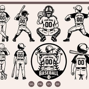 Peut inclure: Illustrations numériques en noir et blanc sur le thème du baseball, représentant différentes poses de joueurs, notamment au bâton, au lancer et à la réception. Chaque joueur porte un uniforme avec le texte "YOUR NAME" et le numéro "00". Le mot "BASEBALL" est également présent.