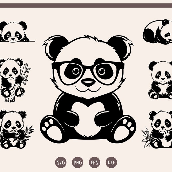 Bundle panda svg, svg de vecteur de panda, visage de panda svg, svg panda mignon, svg animal mignon de dessin animé, png