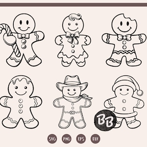 May include: Black and white line art illustrations of gingerbread people in various designs. One holds a candy cane, another has a bite taken out, and others wear a bow, cowboy hat, and Santa hat. The image includes SVG, PNG, EPS, and DXF file type icons.