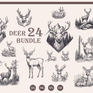 24 Deer Design Bundle, Deer in the Forest svg, Deer Clipart, Digital download For Laser Engraving
