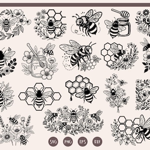Puede incluir: Una colección de gráficos vectoriales en blanco y negro con temática de abejas. Los diseños incluyen abejas, panales, flores y tarros de miel. La imagen también incluye las abreviaturas de tipo de archivo: SVG, PNG, EPS y DXF.