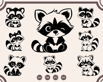 Paquete SVG de mapache de dibujos animados, imágenes prediseñadas (archivos digitales)