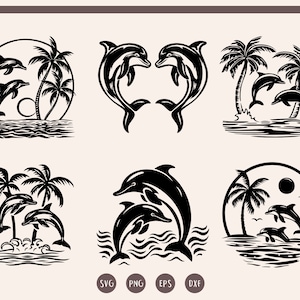 Bundle svg dauphin, palmiers coucher de soleil sur la plage, Silhouette de dauphin, dauphins sautant, clipart dauphin, Sea Life svg, png