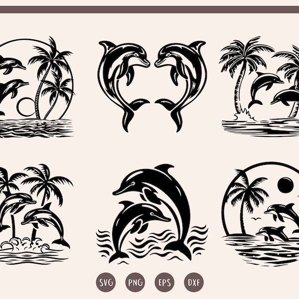 Dolphin svg Bundle, Beach Sunset Palm Trees, Dolphin Silhouette, Jumping Dolphins, Dolphin Clipart, Sea Life svg, png