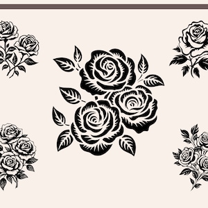 May include: Five black and white silhouette images of roses. Each rose is a different design with varying numbers of petals and leaves.