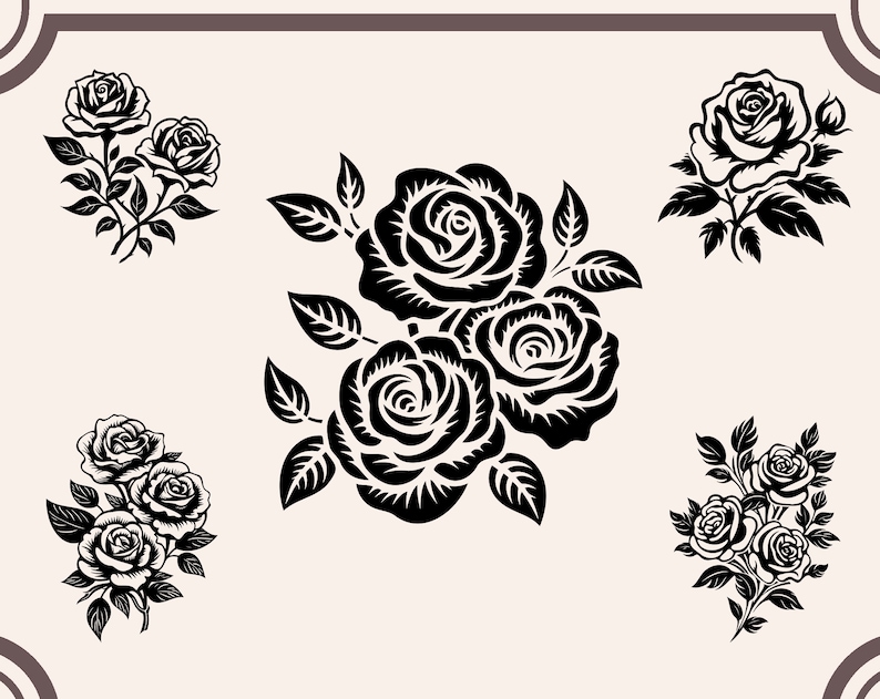 May include: Five black and white silhouette images of roses. Each rose is a different design with varying numbers of petals and leaves.