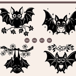 May include: Four black silhouette images of bats with large eyes. The bats are in different poses, including flying, hanging upside down, and perched on a branch with flowers.