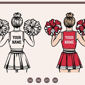 Puede incluir: Dos ilustraciones en blanco y negro de una animadora sosteniendo pompones. La animadora lleva una falda y una camiseta que dice "YOUR NAME".