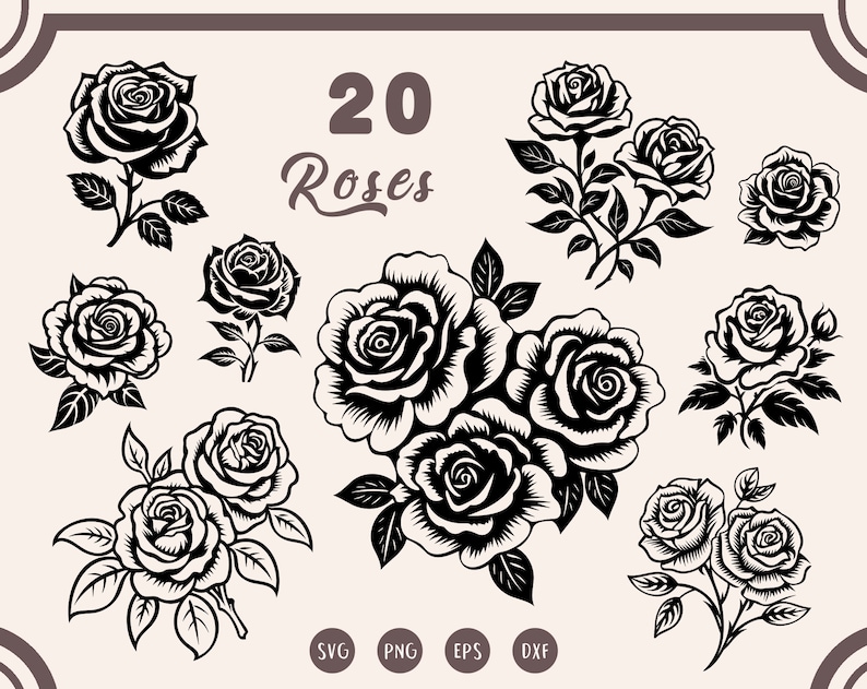 May include: A set of 20 black and white rose illustrations. The roses are in various styles and arrangements, including single roses, bouquets, and roses with stems and leaves. The text "20 Roses" is at the top of the image.