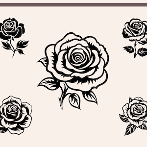 May include: Five black and white silhouette illustrations of roses. Each rose is depicted with a stem and leaves.