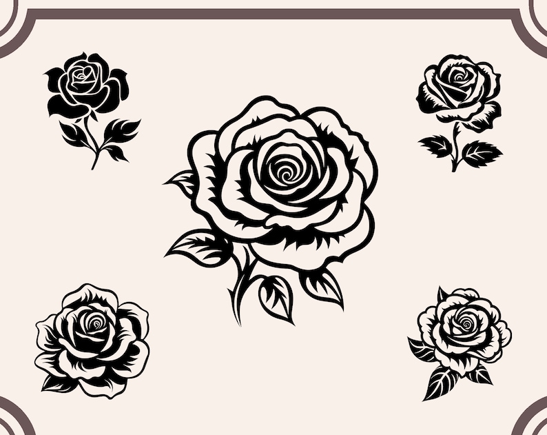 May include: Five black and white silhouette illustrations of roses. Each rose is depicted with a stem and leaves.